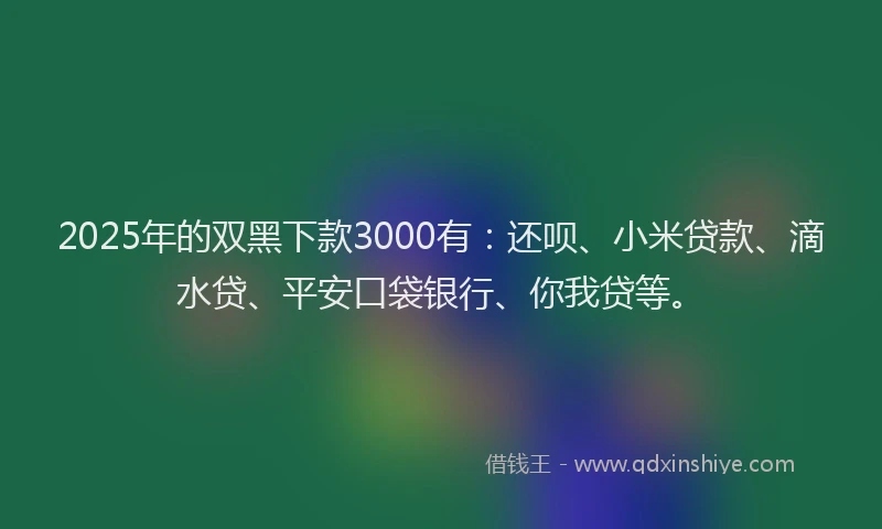 2025年的双黑下款3000有：还呗、小米贷款、滴水贷、平安口袋银行、你我贷等。