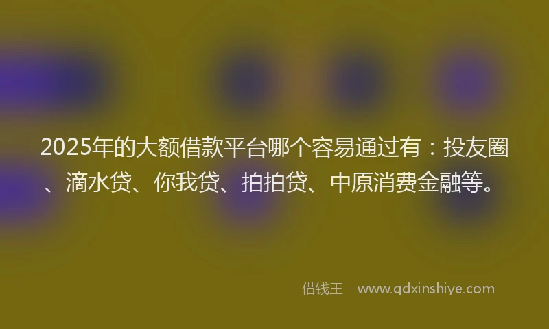 2025年的大额借款平台哪个容易通过有：投友圈、滴水贷、你我贷、拍拍贷、中原消费金融等。