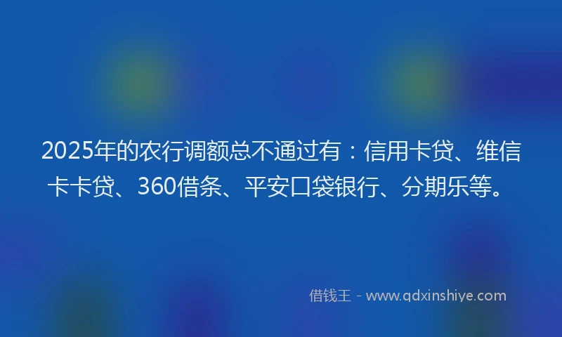 2025年的农行调额总不通过有：信用卡贷、维信卡卡贷、360借条、平安口袋银行、分期乐等。