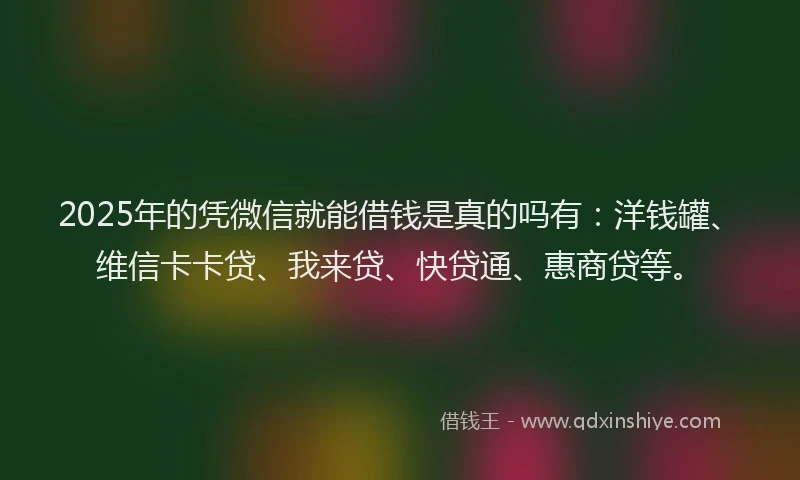 2025年的凭微信就能借钱是真的吗有：洋钱罐、维信卡卡贷、我来贷、快贷通、惠商贷等。