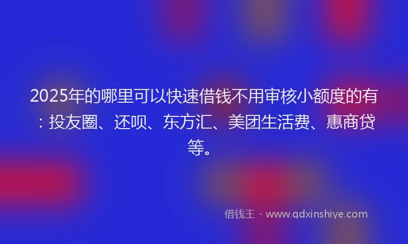 2025年的哪里可以快速借钱不用审核小额度的有：投友圈、还呗、东方汇、美团生活费、惠商贷等。