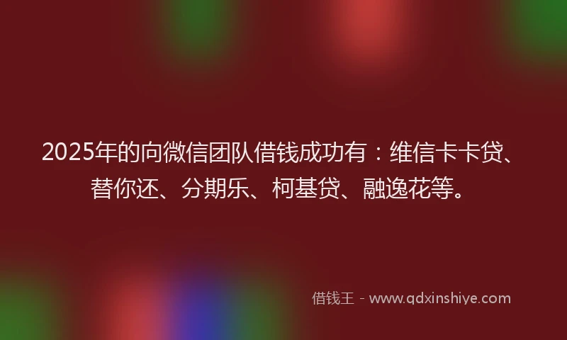 2025年的向微信团队借钱成功有：维信卡卡贷、替你还、分期乐、柯基贷、融逸花等。