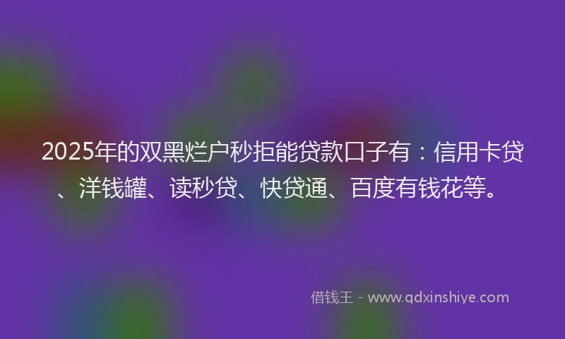 2025年的双黑烂户秒拒能贷款口子有：信用卡贷、洋钱罐、读秒贷、快贷通、百度有钱花等。