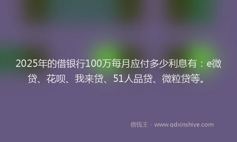 2025年的借银行100万每月应付多少利息有：e微贷、花呗、我来贷、51人品贷、微粒贷等。