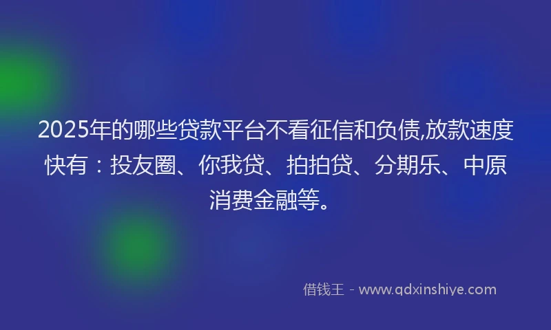2025年的哪些贷款平台不看征信和负债,放款速度快有：投友圈、你我贷、拍拍贷、分期乐、中原消费金融等。