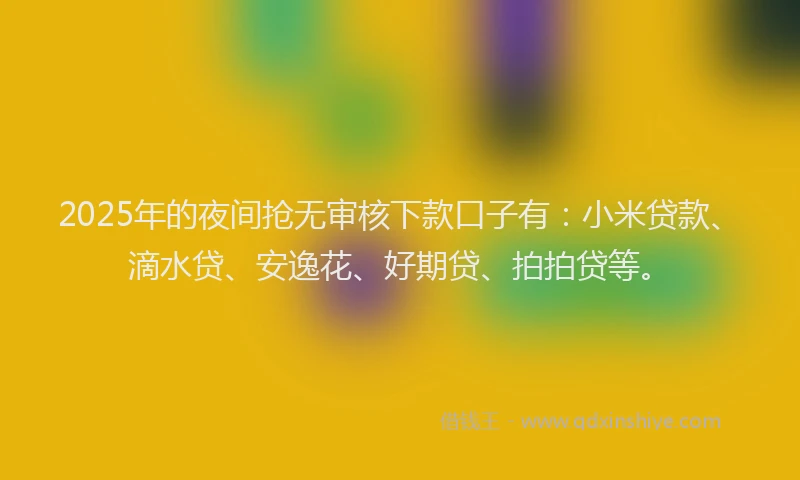 2025年的夜间抢无审核下款口子有：小米贷款、滴水贷、安逸花、好期贷、拍拍贷等。