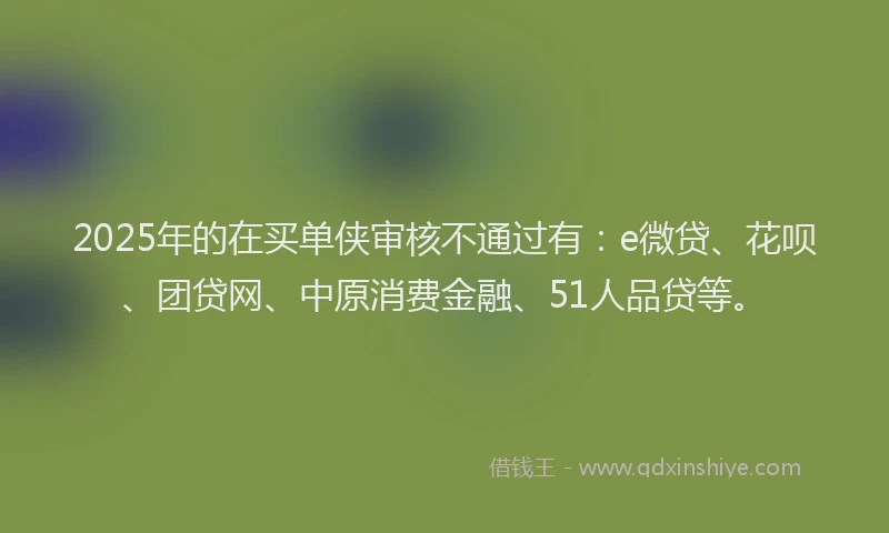 2025年的在买单侠审核不通过有：e微贷、花呗、团贷网、中原消费金融、51人品贷等。