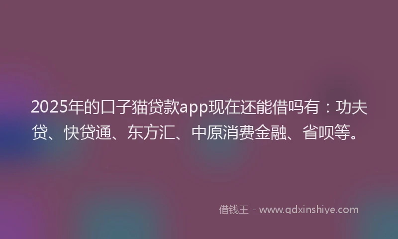 2025年的口子猫贷款app现在还能借吗有：功夫贷、快贷通、东方汇、中原消费金融、省呗等。
