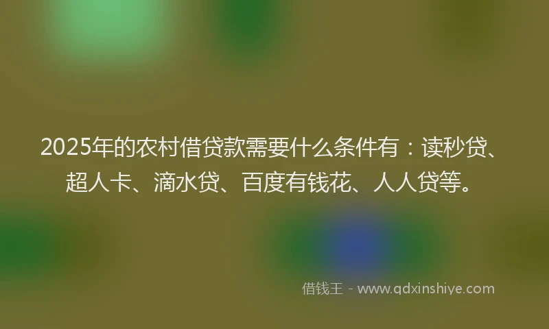 2025年的农村借贷款需要什么条件有：读秒贷、超人卡、滴水贷、百度有钱花、人人贷等。