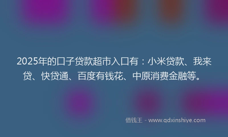 2025年的口子贷款超市入口有：小米贷款、我来贷、快贷通、百度有钱花、中原消费金融等。