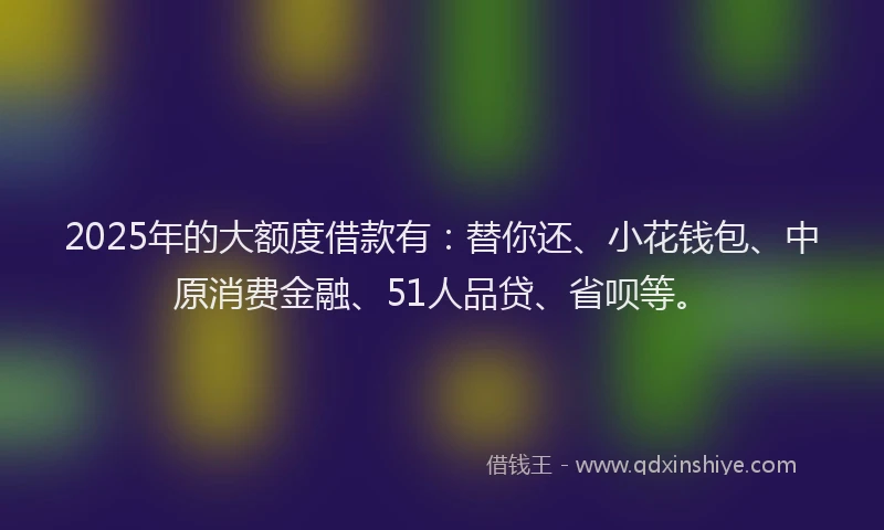 2025年的大额度借款有：替你还、小花钱包、中原消费金融、51人品贷、省呗等。