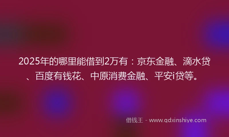2025年的哪里能借到2万有：京东金融、滴水贷、百度有钱花、中原消费金融、平安i贷等。