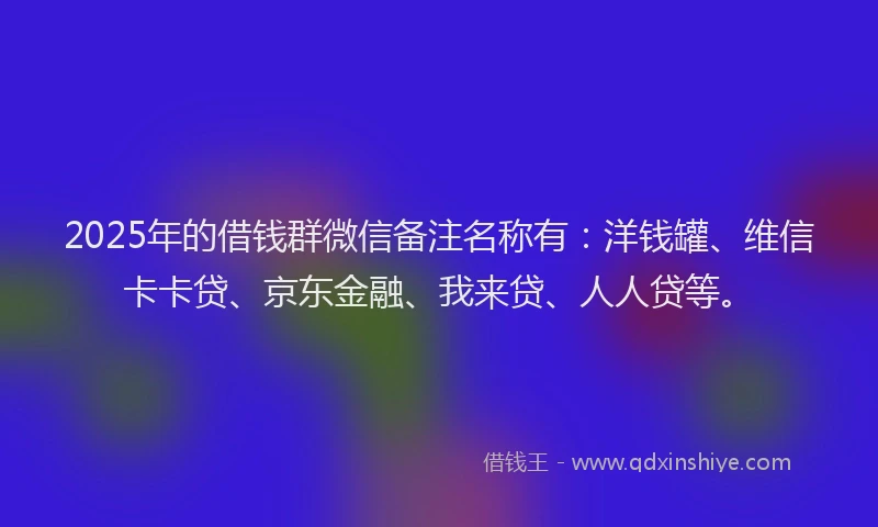 2025年的借钱群微信备注名称有：洋钱罐、维信卡卡贷、京东金融、我来贷、人人贷等。