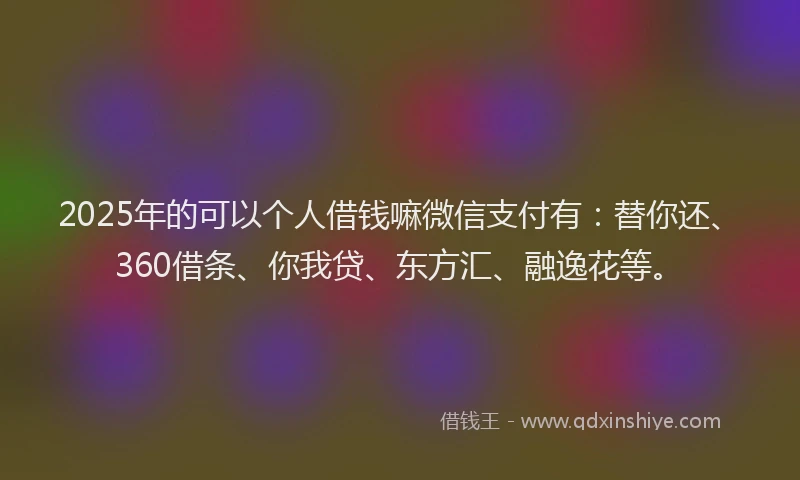 2025年的可以个人借钱嘛微信支付有：替你还、360借条、你我贷、东方汇、融逸花等。