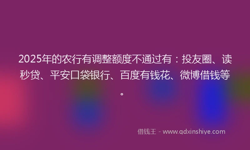 2025年的农行有调整额度不通过有：投友圈、读秒贷、平安口袋银行、百度有钱花、微博借钱等。