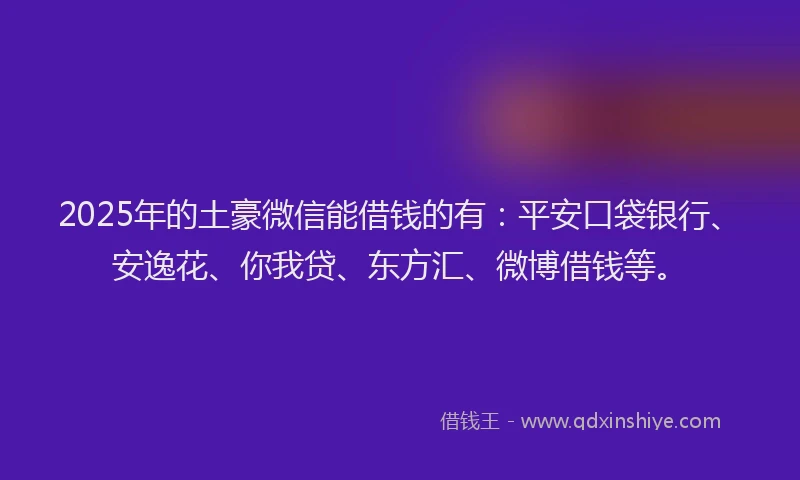 2025年的土豪微信能借钱的有：平安口袋银行、安逸花、你我贷、东方汇、微博借钱等。