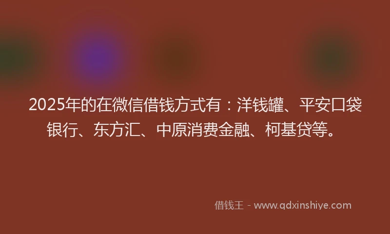 2025年的在微信借钱方式有：洋钱罐、平安口袋银行、东方汇、中原消费金融、柯基贷等。