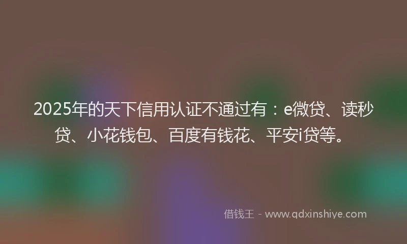 2025年的天下信用认证不通过有：e微贷、读秒贷、小花钱包、百度有钱花、平安i贷等。