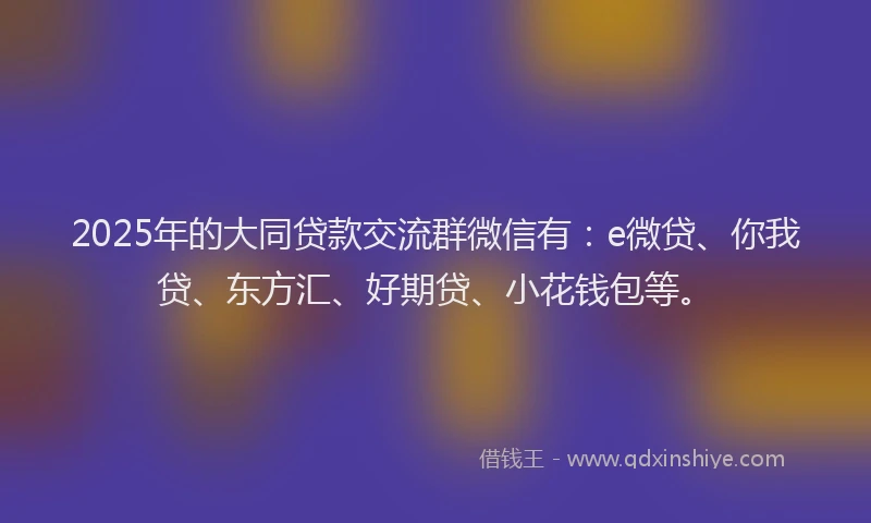 2025年的大同贷款交流群微信有：e微贷、你我贷、东方汇、好期贷、小花钱包等。