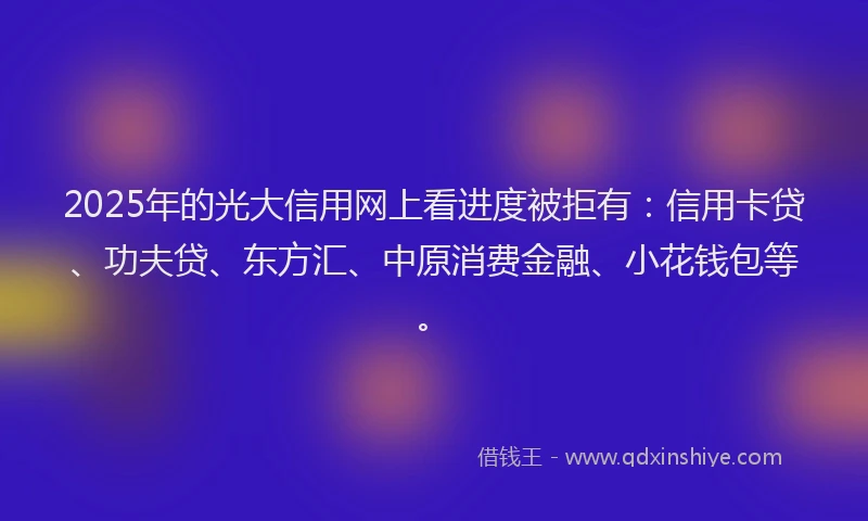2025年的光大信用网上看进度被拒有：信用卡贷、功夫贷、东方汇、中原消费金融、小花钱包等。