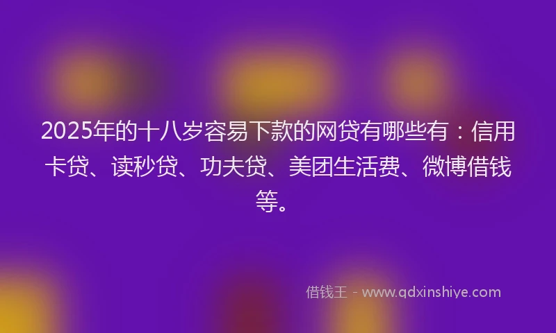 2025年的十八岁容易下款的网贷有哪些有：信用卡贷、读秒贷、功夫贷、美团生活费、微博借钱等。