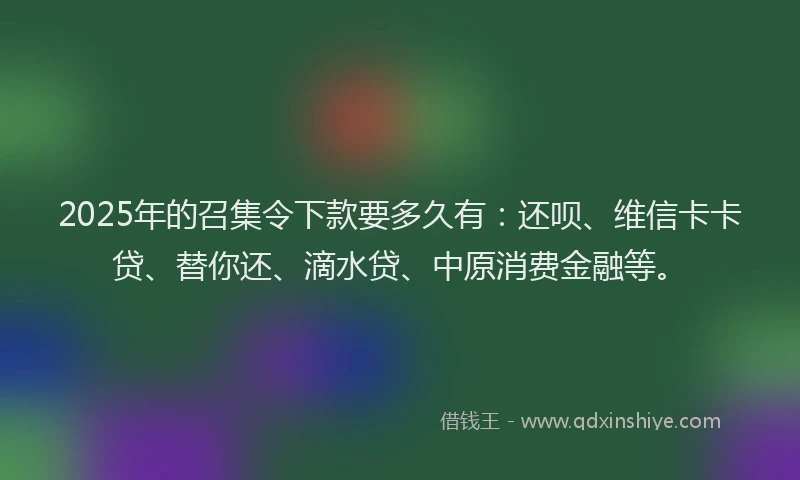 2025年的召集令下款要多久有：还呗、维信卡卡贷、替你还、滴水贷、中原消费金融等。