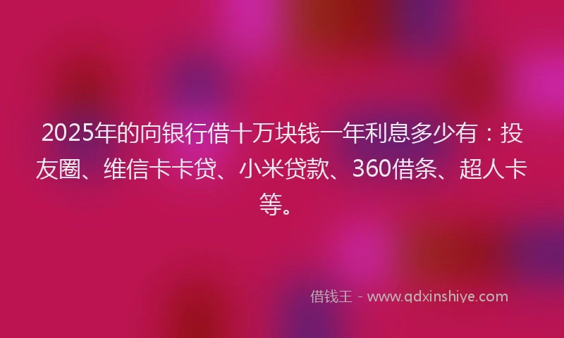 2025年的向银行借十万块钱一年利息多少有：投友圈、维信卡卡贷、小米贷款、360借条、超人卡等。