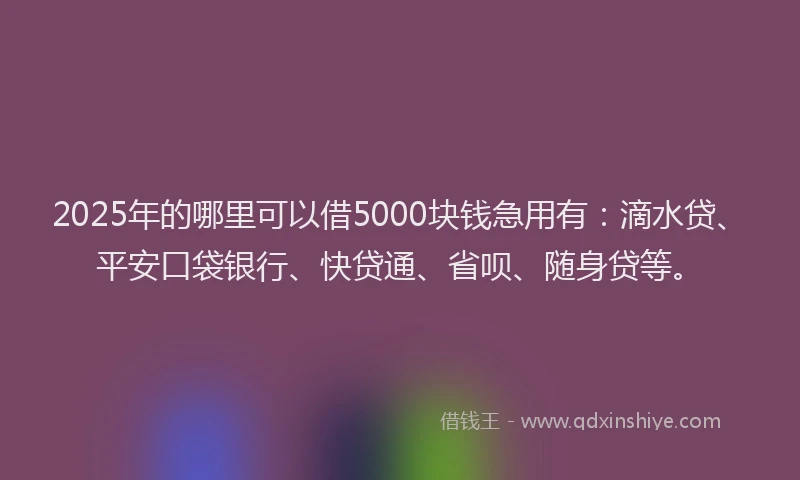 2025年的哪里可以借5000块钱急用有：滴水贷、平安口袋银行、快贷通、省呗、随身贷等。