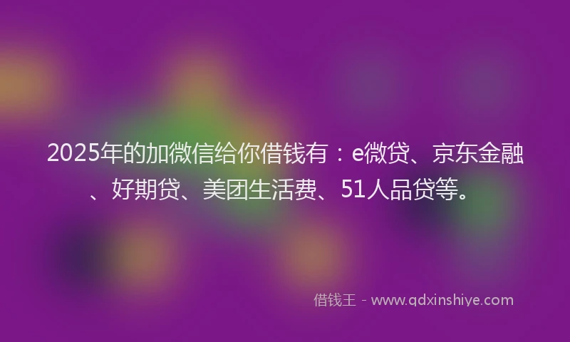 2025年的加微信给你借钱有：e微贷、京东金融、好期贷、美团生活费、51人品贷等。