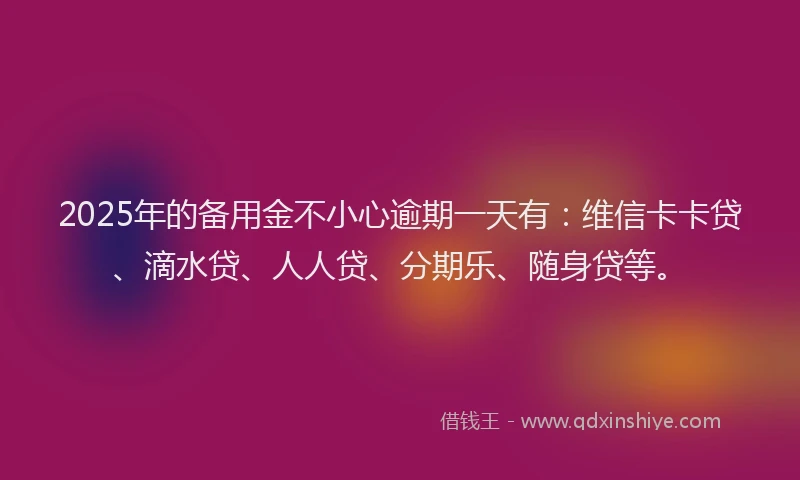 2025年的备用金不小心逾期一天有：维信卡卡贷、滴水贷、人人贷、分期乐、随身贷等。