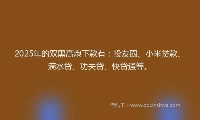 2025年的双黑高炮下款有：投友圈、小米贷款、滴水贷、功夫贷、快贷通等。