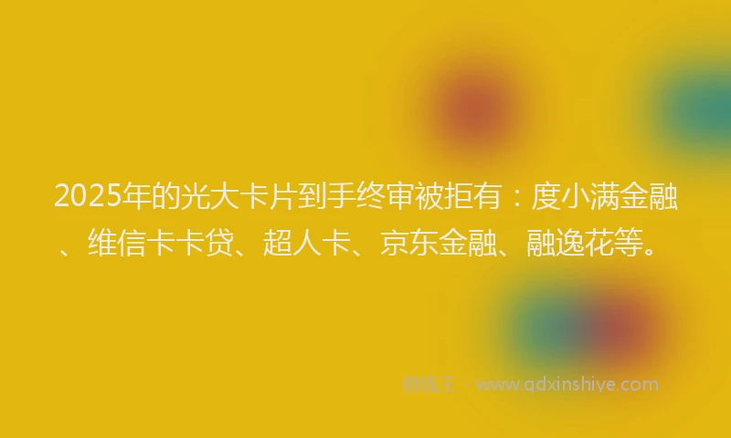 2025年的光大卡片到手终审被拒有：度小满金融、维信卡卡贷、超人卡、京东金融、融逸花等。