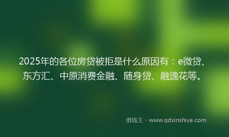 2025年的各位房贷被拒是什么原因有：e微贷、东方汇、中原消费金融、随身贷、融逸花等。