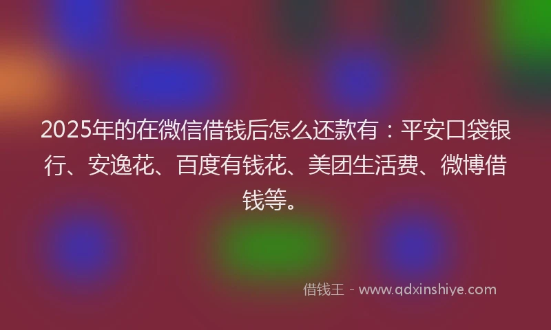 2025年的在微信借钱后怎么还款有：平安口袋银行、安逸花、百度有钱花、美团生活费、微博借钱等。