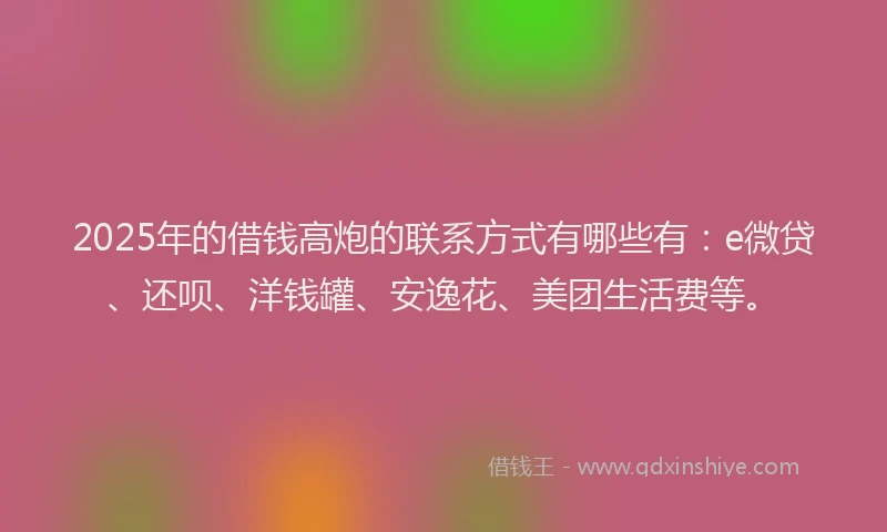 2025年的借钱高炮的联系方式有哪些有：e微贷、还呗、洋钱罐、安逸花、美团生活费等。