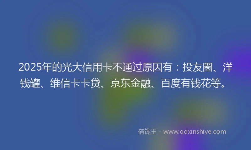 2025年的光大信用卡不通过原因有：投友圈、洋钱罐、维信卡卡贷、京东金融、百度有钱花等。