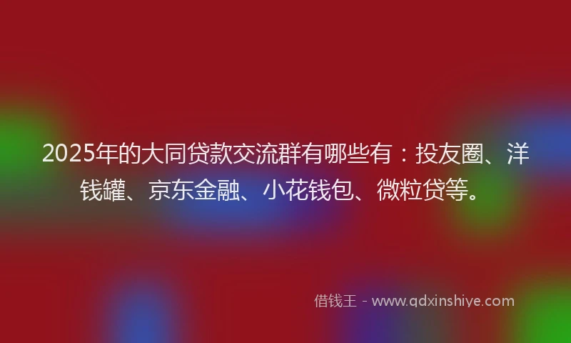 2025年的大同贷款交流群有哪些有：投友圈、洋钱罐、京东金融、小花钱包、微粒贷等。