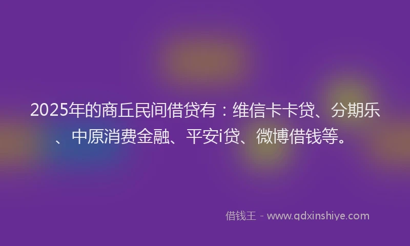 2025年的商丘民间借贷有：维信卡卡贷、分期乐、中原消费金融、平安i贷、微博借钱等。