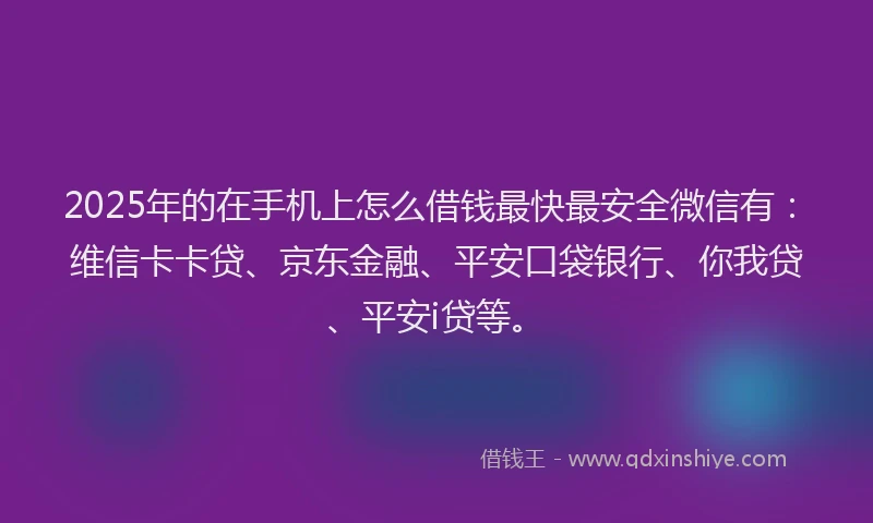 2025年的在手机上怎么借钱最快最安全微信有：维信卡卡贷、京东金融、平安口袋银行、你我贷、平安i贷等。