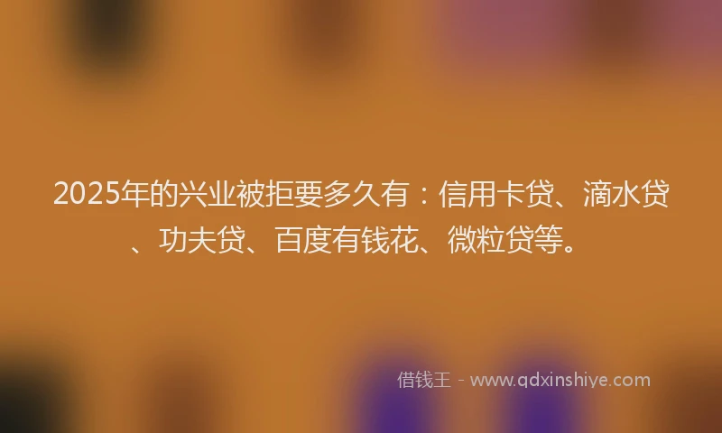 2025年的兴业被拒要多久有：信用卡贷、滴水贷、功夫贷、百度有钱花、微粒贷等。