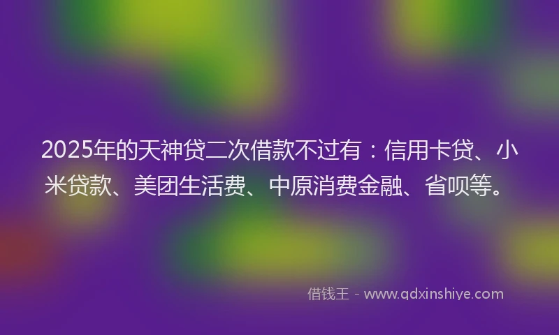 2025年的天神贷二次借款不过有：信用卡贷、小米贷款、美团生活费、中原消费金融、省呗等。