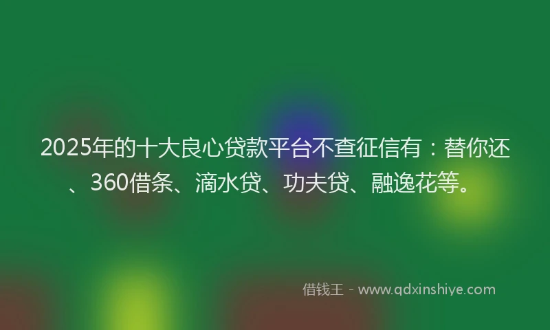 2025年的十大良心贷款平台不查征信有：替你还、360借条、滴水贷、功夫贷、融逸花等。