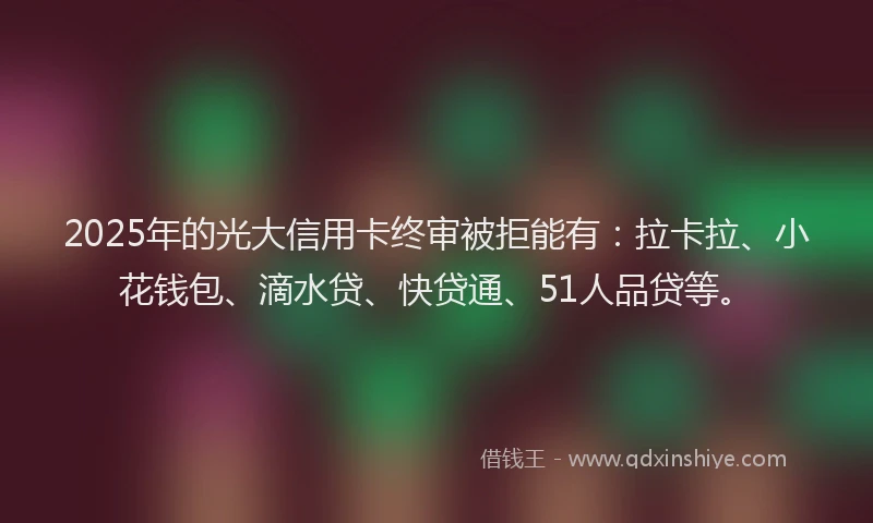 2025年的光大信用卡终审被拒能有：拉卡拉、小花钱包、滴水贷、快贷通、51人品贷等。