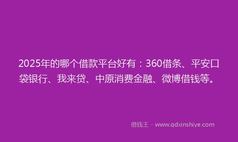 2025年的哪个借款平台好有：360借条、平安口袋银行、我来贷、中原消费金融、微博借钱等。