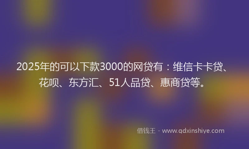 2025年的可以下款3000的网贷有：维信卡卡贷、花呗、东方汇、51人品贷、惠商贷等。