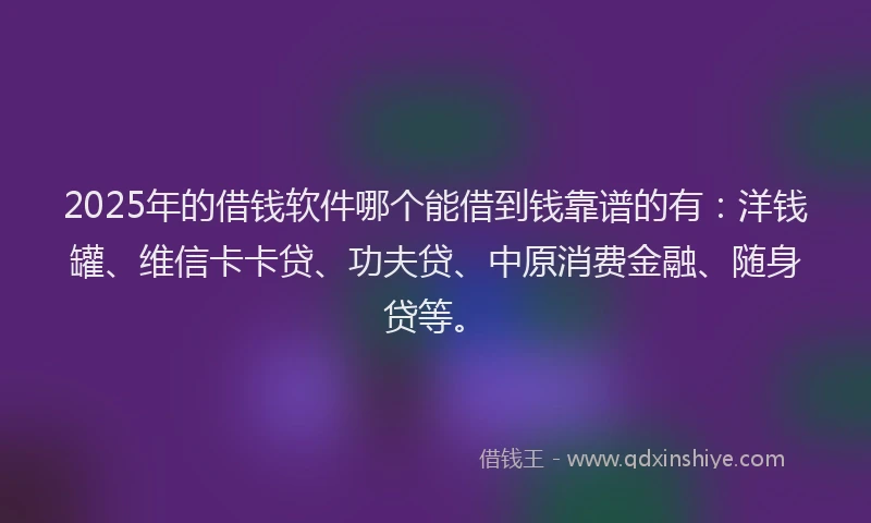 2025年的借钱软件哪个能借到钱靠谱的有：洋钱罐、维信卡卡贷、功夫贷、中原消费金融、随身贷等。