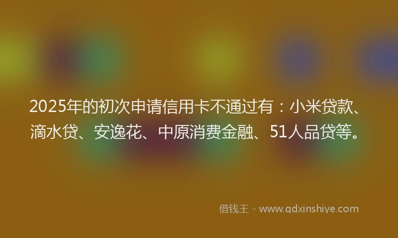 2025年的初次申请信用卡不通过有：小米贷款、滴水贷、安逸花、中原消费金融、51人品贷等。