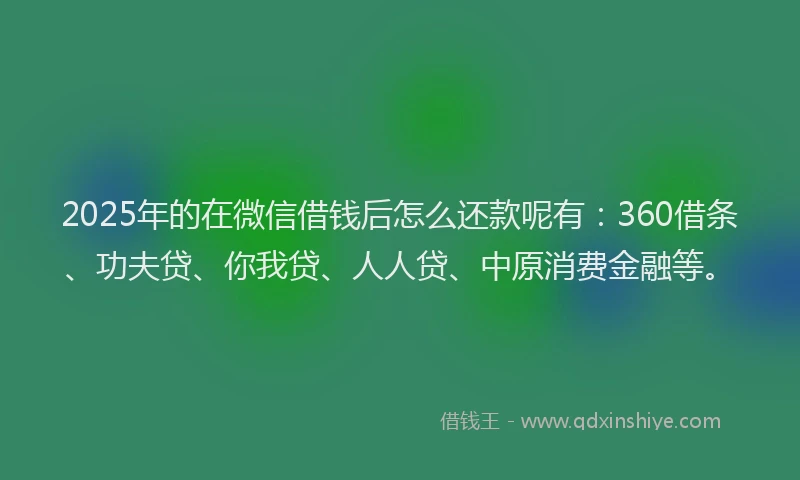 2025年的在微信借钱后怎么还款呢有：360借条、功夫贷、你我贷、人人贷、中原消费金融等。