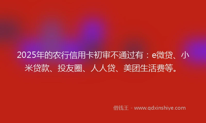 2025年的农行信用卡初审不通过有：e微贷、小米贷款、投友圈、人人贷、美团生活费等。