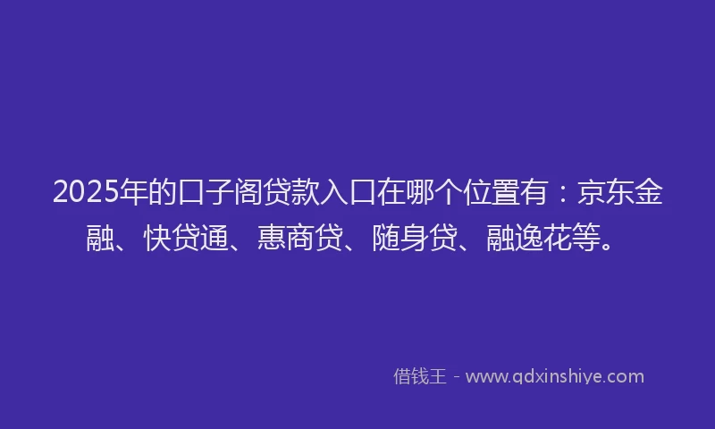 2025年的口子阁贷款入口在哪个位置有：京东金融、快贷通、惠商贷、随身贷、融逸花等。